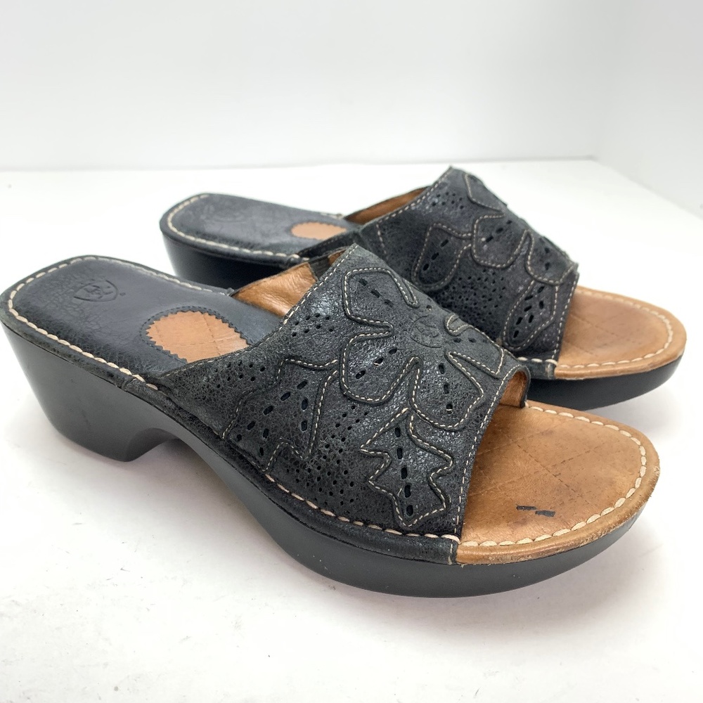 Ariat Black Perforated Leather Slide Sandals with Brown Footbed